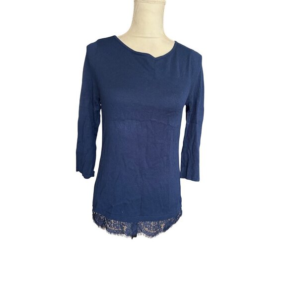 Chicos 3/4 Sleeve Lace Hem Navy Top Size 00 Layering Piece Office Thermal - Picture 3 of 12